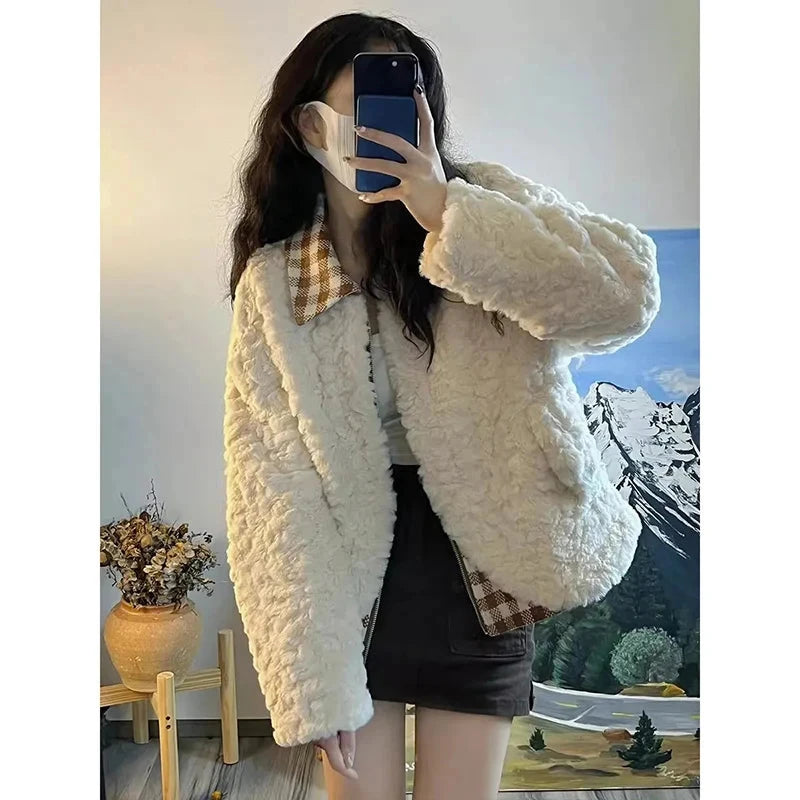 Sweet Cute Faux Lamb Coat Women Winter Thick Warm Plaid Patchwork Jacket Vintage Preppy Style Long Sleeve Kawaii Outwear Tops voguable