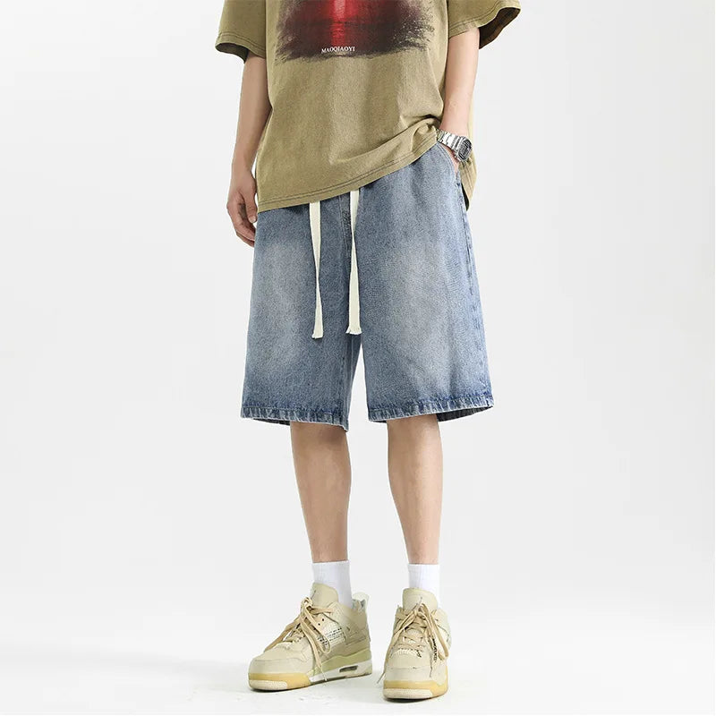 Voguable  Denim Shorts Men's Summer Thin American Straight-leg Trendy Brand Loose Casual Five-point Pants voguable