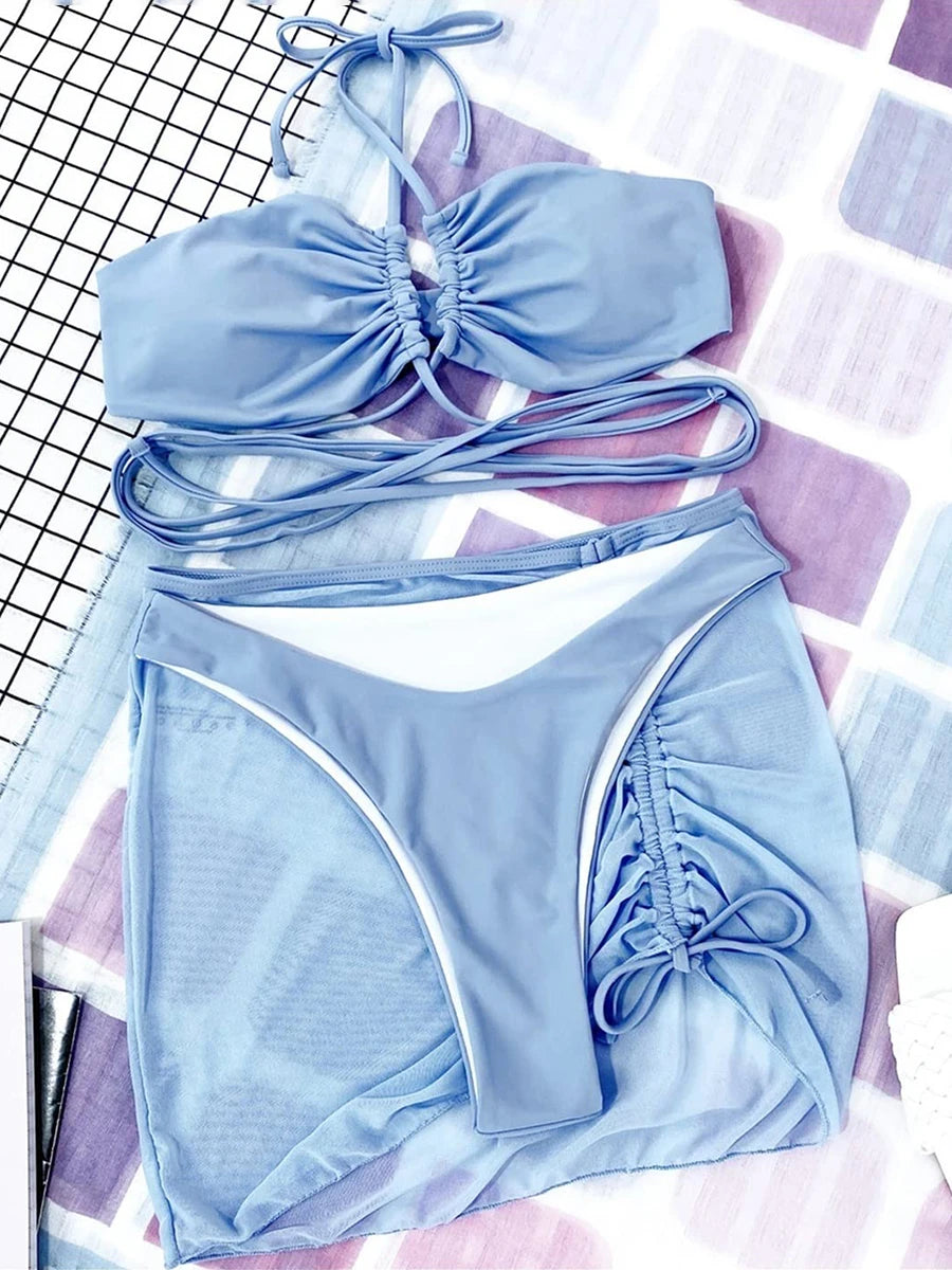 Voguable  3 Pieces Criss Cross Halter Bikini Women & Beach Skirt Swimwear Female Sexy Swimsuit Beachwear Bathing Swimming Suit voguable