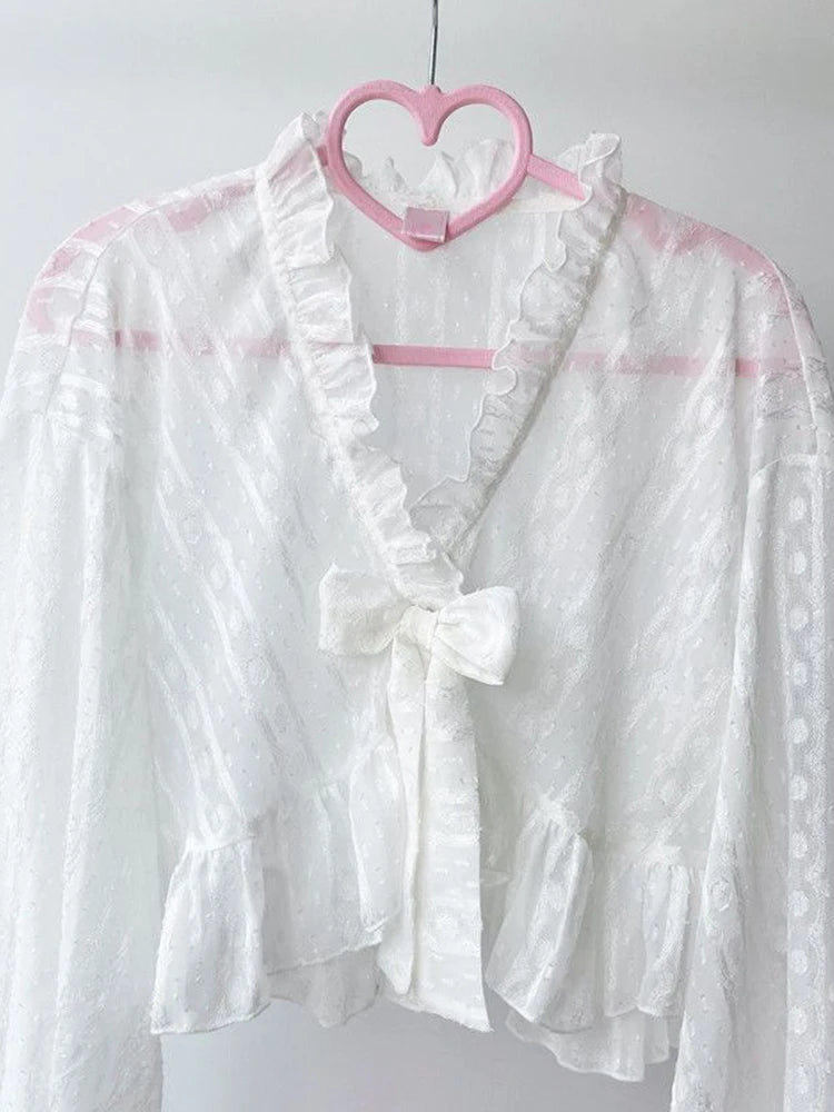 Lolita Sweet Sun Proof Shirt Women Cute Bow Lantern Sleeve Cropped Blouse Japan Kawaii Casual Elegant Jk Open Stitch Tops voguable