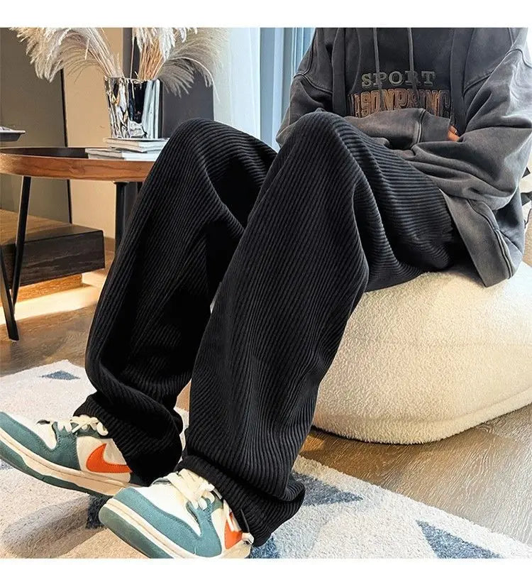 Autumn Corduroy Straight Trousers Men Loose Solid Casual Drape Trousers Harajuku Fashion Drawstring Street Wide Leg Sweatpant voguable