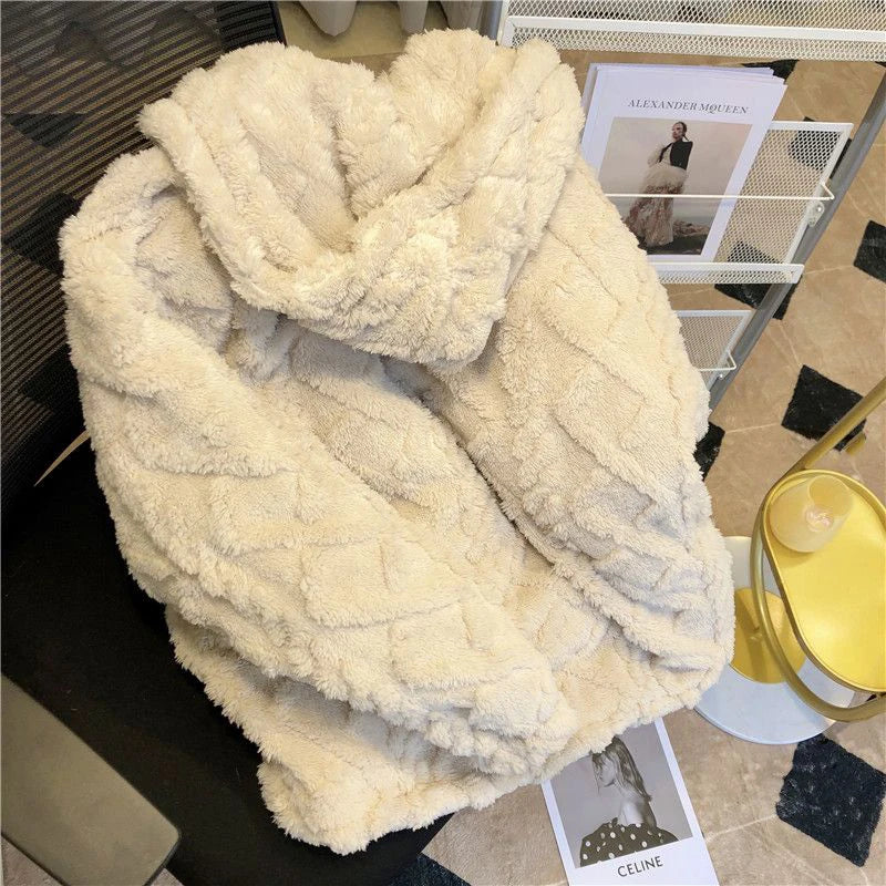Artificial Lamb Plush Hoodeds Coats Women Winter Thick Warm Long Sleeve Loose Sweatshirts Y2K Ladies All-Match Plush Outerwear voguable
