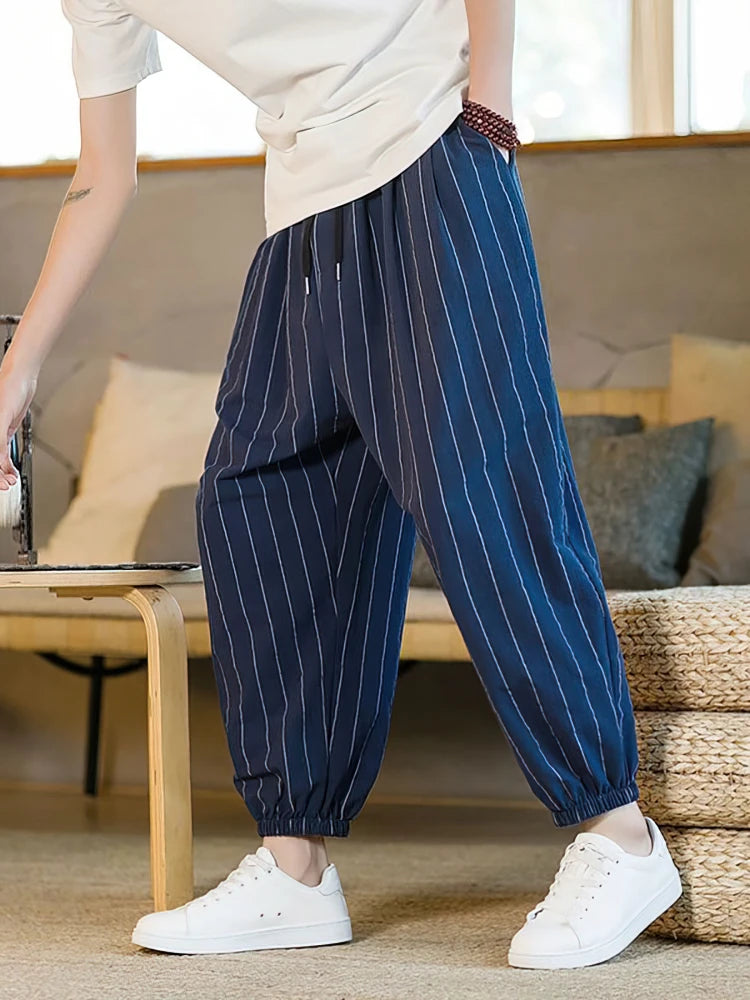 Voguable  Summer Stripe Casual Jogger Pants Men Ice silk Baggy Trousers Male Walking Wide leg Loose Sweatpants Streetwear voguable