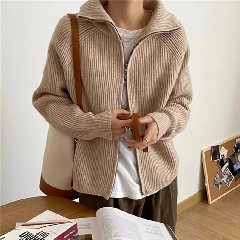 Rib Knit Zip Up Cardigan for Women Zipper Front Raglan Long Sleeve Sweater Jacket Coat Comfy Knitwear Fall Winter Vintage Outfit voguable