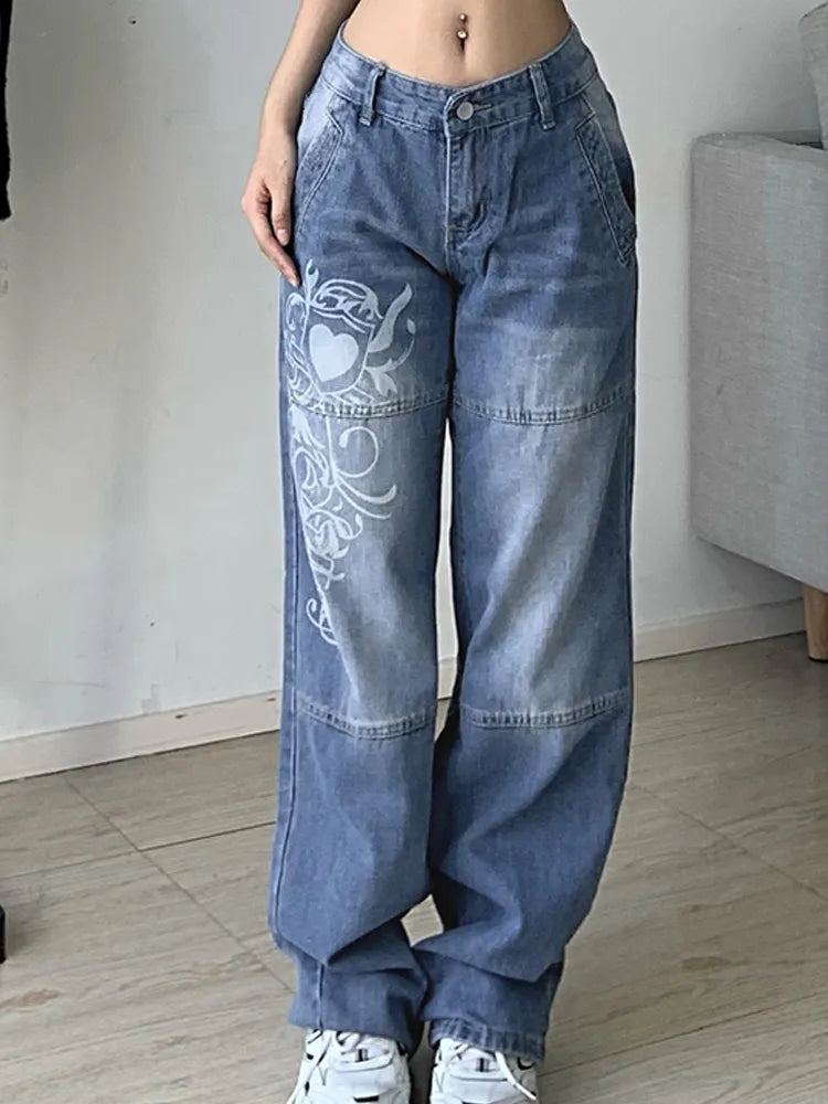 Harajuku printed Cargo Jeans Y2K Dark Blue brown High Waist Streetwear 90S Baggy Jeans Women Pants Straight wide leg jeans voguable
