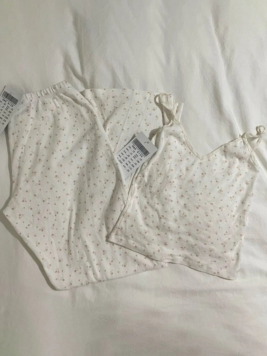 Skull Print Gray Vest Pants 2 Pieces Set Pajama Woman Sleeveless Slim Tank Top High Waist Straight Long Pant Cotton Vintage Sets voguable