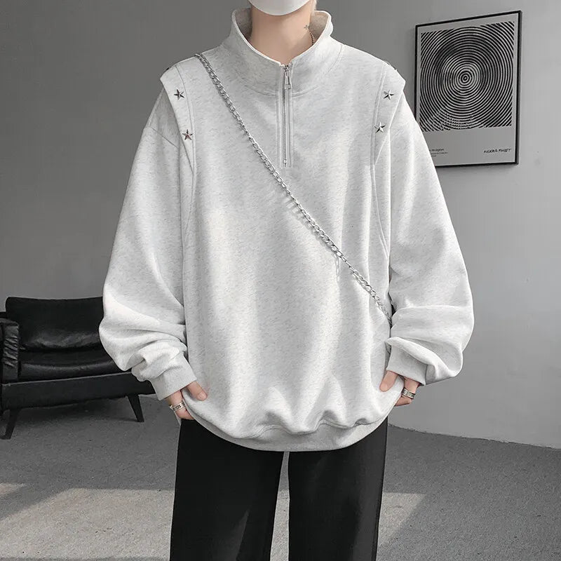 Men hoodie  Stand Collar Half Zip Sweatshirt Star Shoulder Design 2025 New Fashion Casual Streetwear Comfort Athletic Pullover voguable