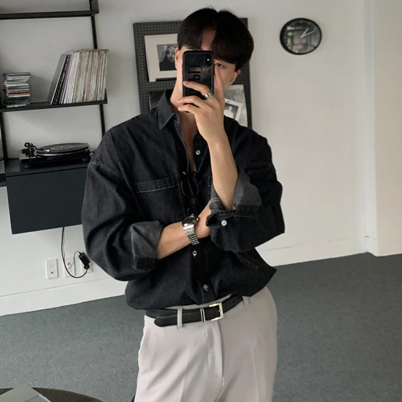 2024 Autumn Korean Fashion Black Denim Shirt Men Long Sleeved Loose Retro Lapel Button All-match Casual Mens Shirts Jacket voguable