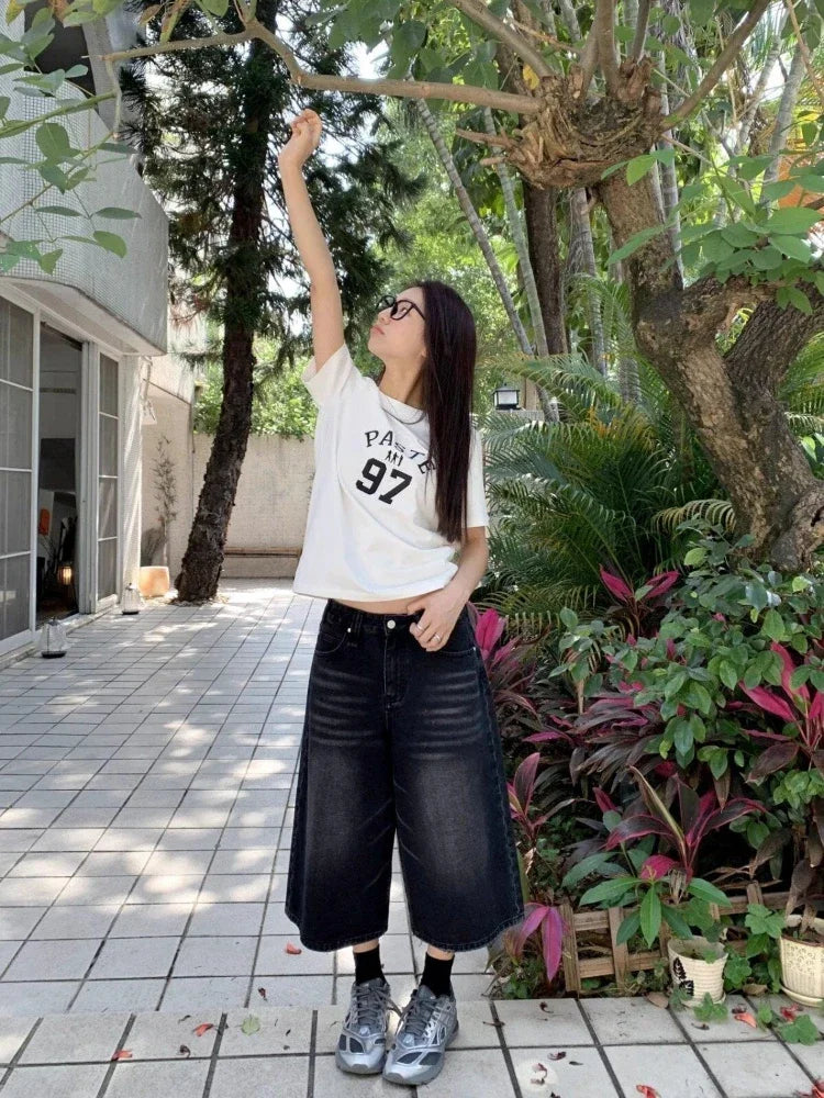 Black Baggy Denim Shorts Women Y2k Vintage Wide Leg Jorts Washed High Waist Streetwear Casual Fashion Loose Trousers voguable