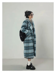 Autumn Winter Long Warm Colorful Blue Plaid Woolen Coats for Women Shoulder Pads Double Breasted Korean Fashion voguable