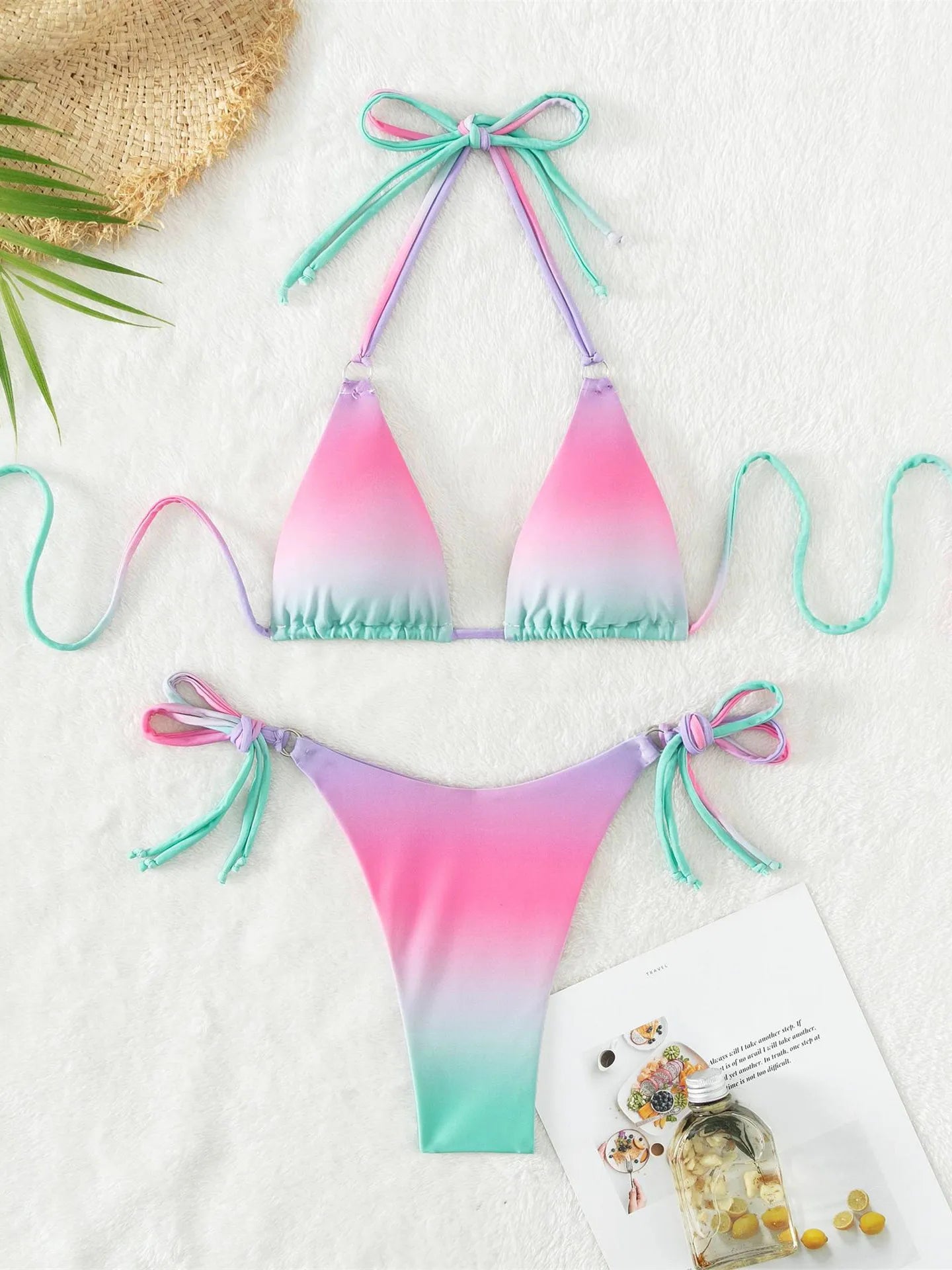 Voguable Sexy Micro Bikini 2024 Women Pink Gradient Push Up Bikinis Sets Biquini Ribbed Bathing Suit Tie Side Triangle Swimwear Beachwear voguable