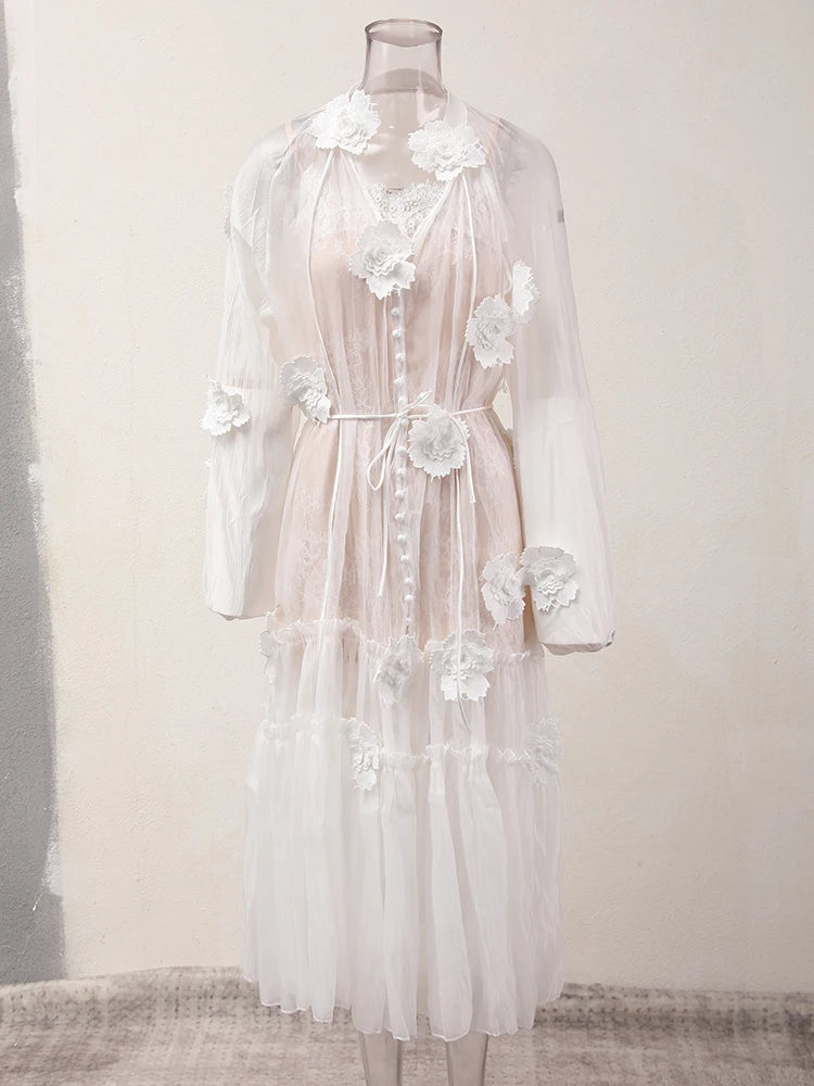 Solid Flower Embroidery Lace Up Dresses For Women Round Neck High Waist Long Sleeve Elegant Dress Summer 2025 voguable