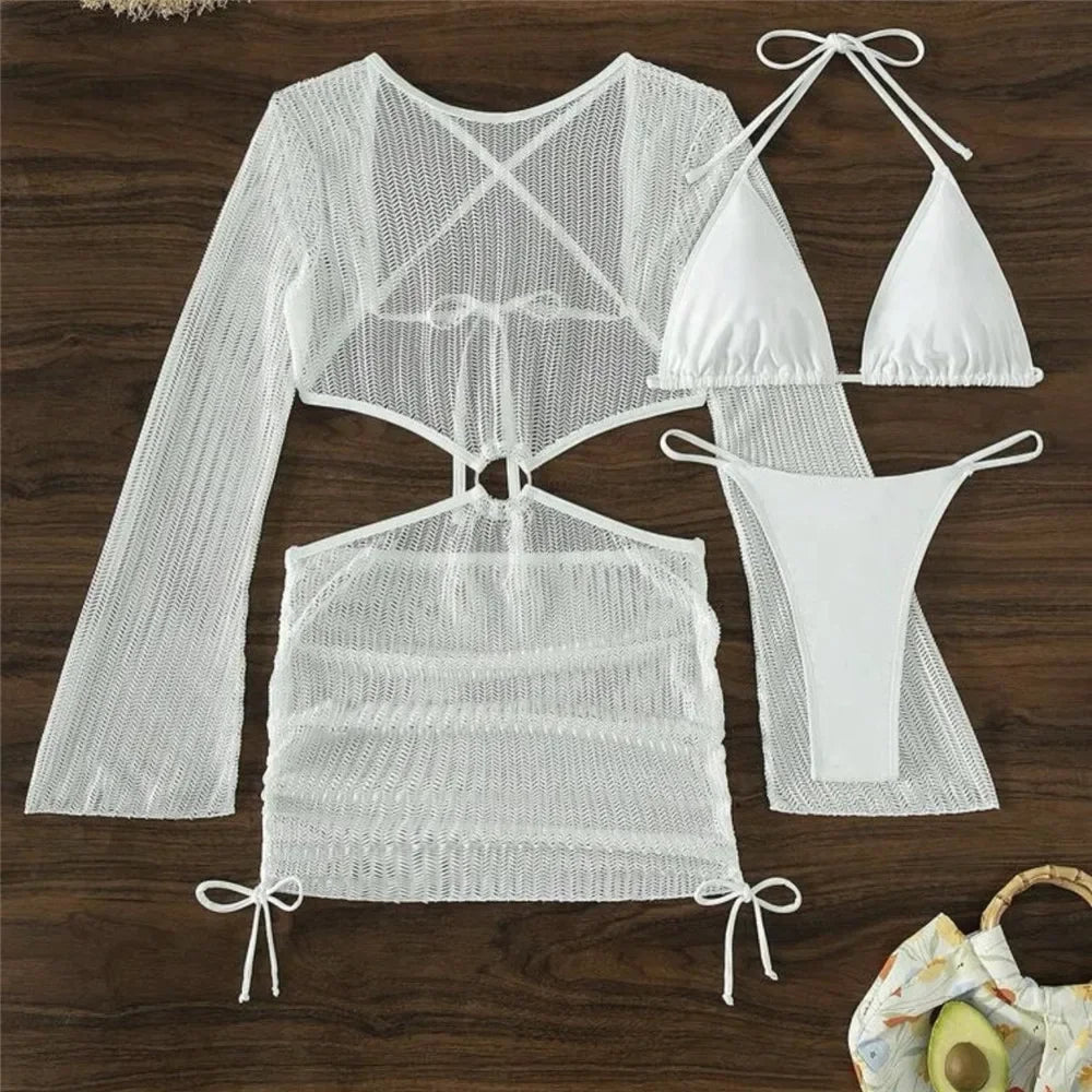 Voguable  White Mesh Backless Dress Cover Up Swimwear 3 Piece Bikini Set String Lace-up Micro Thong Swimsuit Women Halter Triangle Bikinis voguable