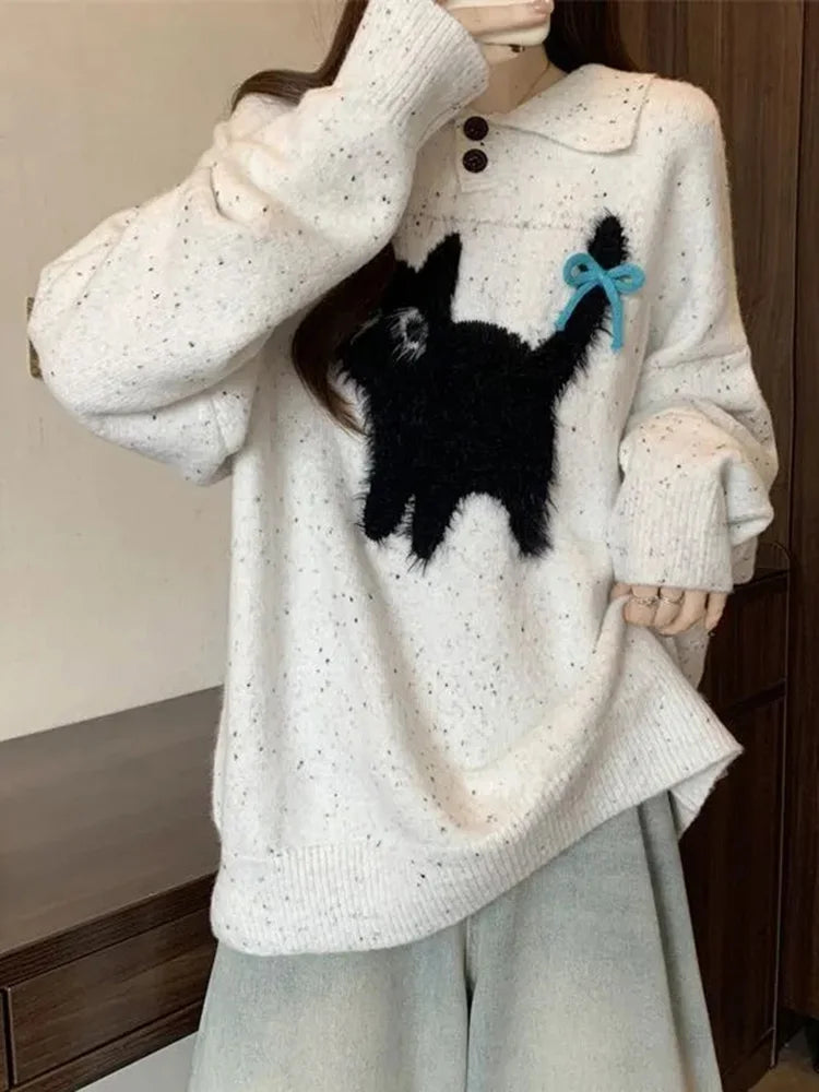 Cute Cartoon Bow Sweaters Women Loose Vintage Long Sleeve Kawaii Knitted Jumper Japan Casual Preppy Style Retro Pullovers voguable