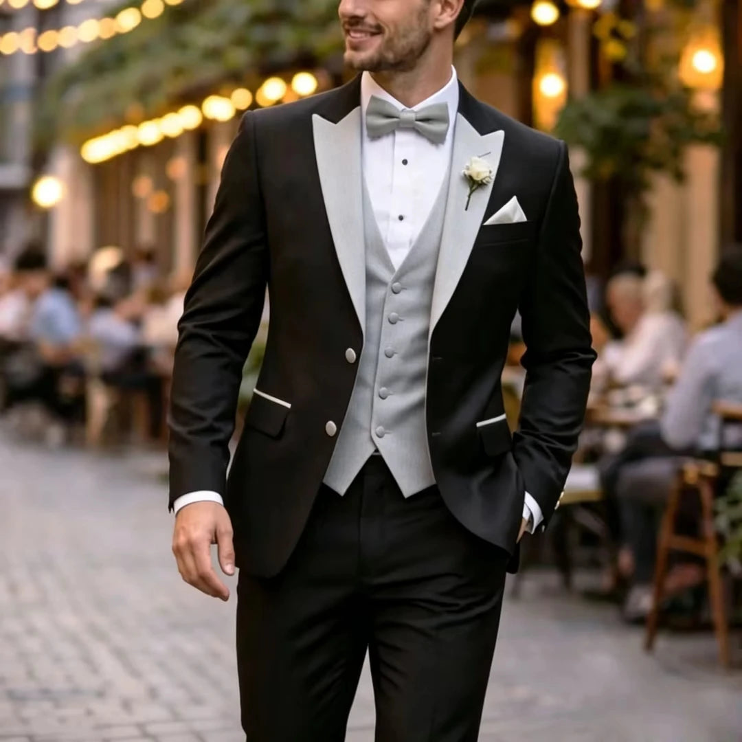 Voguable  Men Suit Black Ivory 3 Pieces Single Button With Lapel For Wedding Birthday Banquet Party Business Work Office Jacket Vest Pant voguable