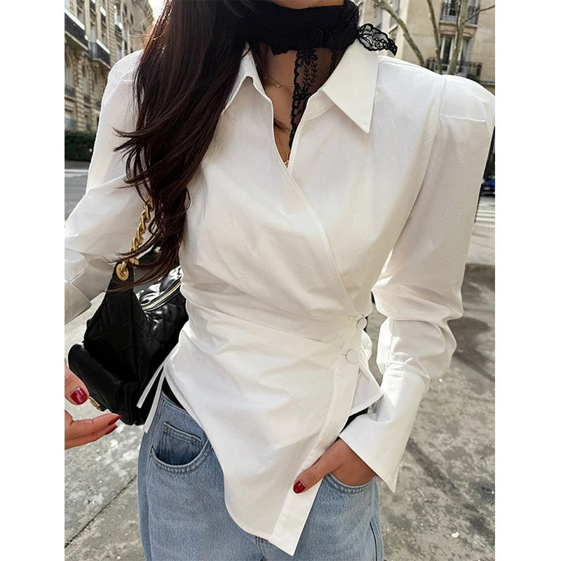 Elegant White Shirts Women Fashion Irregular Blouses Office Ladies Korean Long Sleeve Chic Buttons Slim Design Tops New voguable