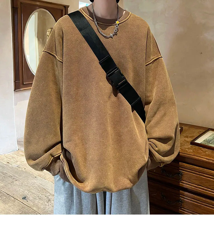 American Washed Old Pullovers Sweatshirts Men Loose Solid Color Autumn Large Size Warm O Neck Tops Hip Hop Y2k Sweatshirt voguable