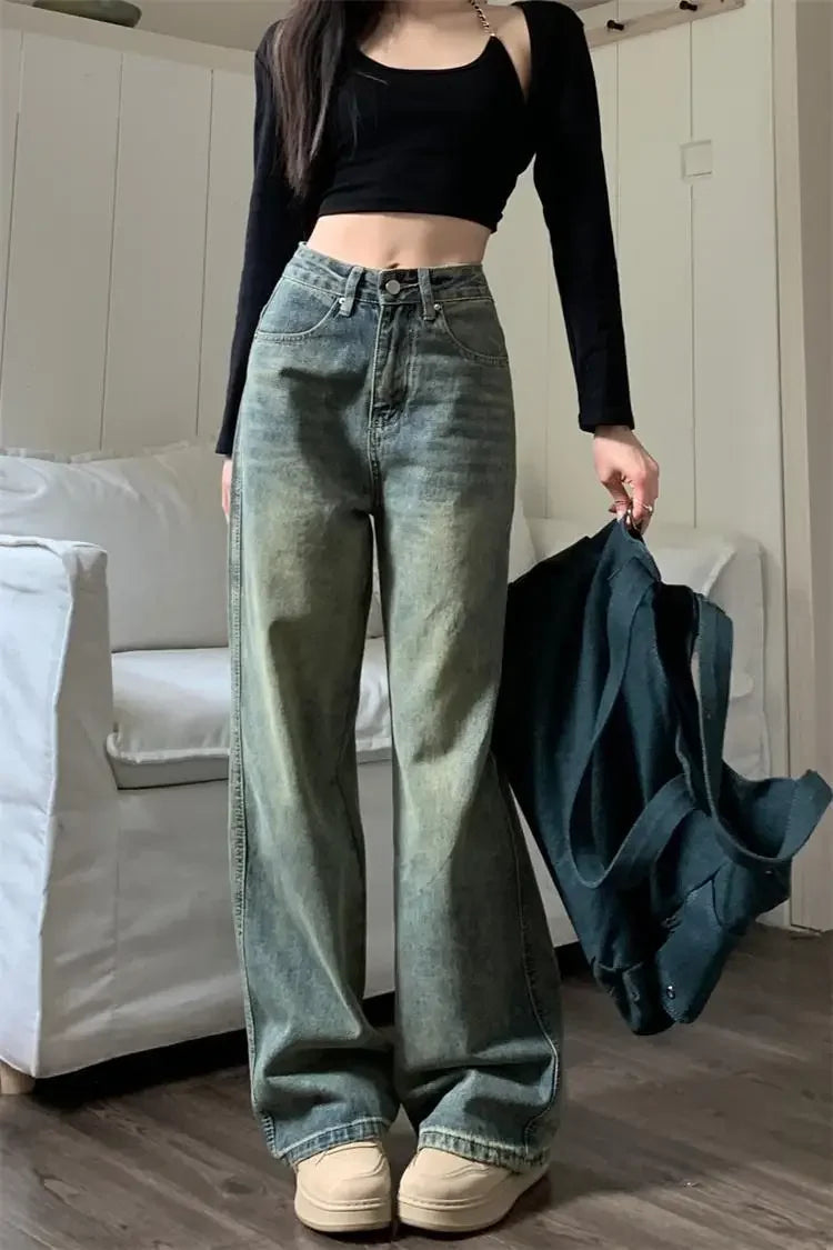 Vintage High-waisted Slimming Jeans American Style Casual Bell Bottoms Versatile Straight-leg Long Pants For Women voguable