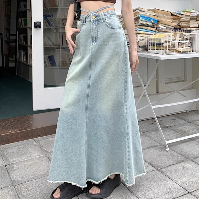 Voguable  Women's High Waist Long Skirt Korean Style Solid Color Loose Fit Denim Half-Body Fishtail Summer Fashion Design New Arrivals voguable