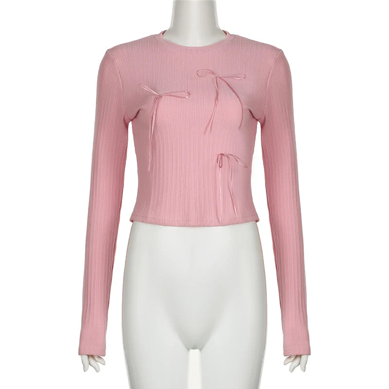 Voguable Sweet Multi Bows Knitted Top Pink White Casual Basics Slim-fit Tops Autumn Spring Korean Style Kawaii Knitwear Autumn voguable