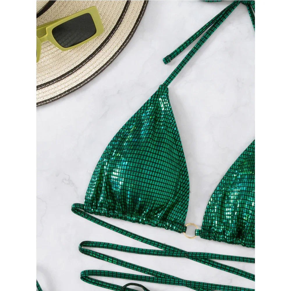 Voguable  Green Shiny Bikini Women 2-piece Low Waist Swimsuit Sexy Triangle Cup Suspender Backless Bathing Suit Summer Beach Swimwear voguable