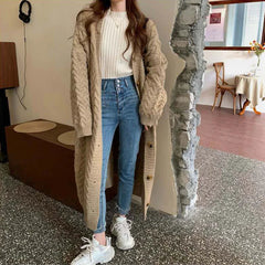 Midi Thicken Jacquard Sweater Coat Women's Clothing Autumn Winter New Vintage Solid Color Loose Knitted Ingle-breasted Cardigans voguable