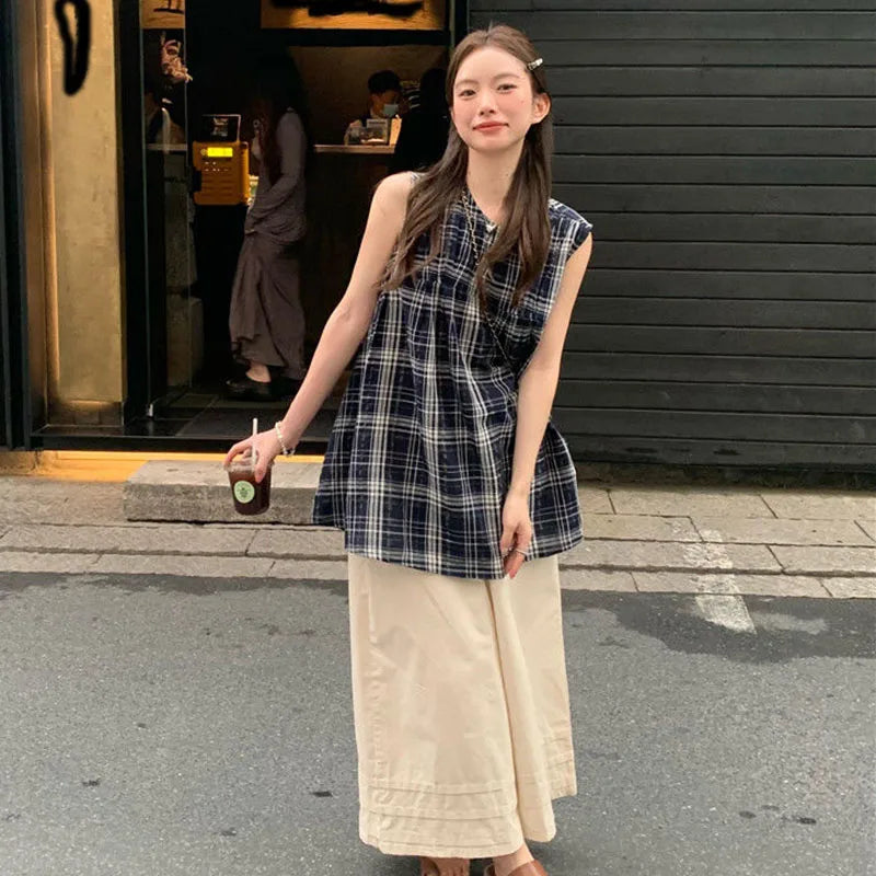 Japanese Sweet Plaid Shirt Women Summer Chic Patchwork Sleeveless Blouse Female New Loose Streetwear All Match O Neck Tops voguable