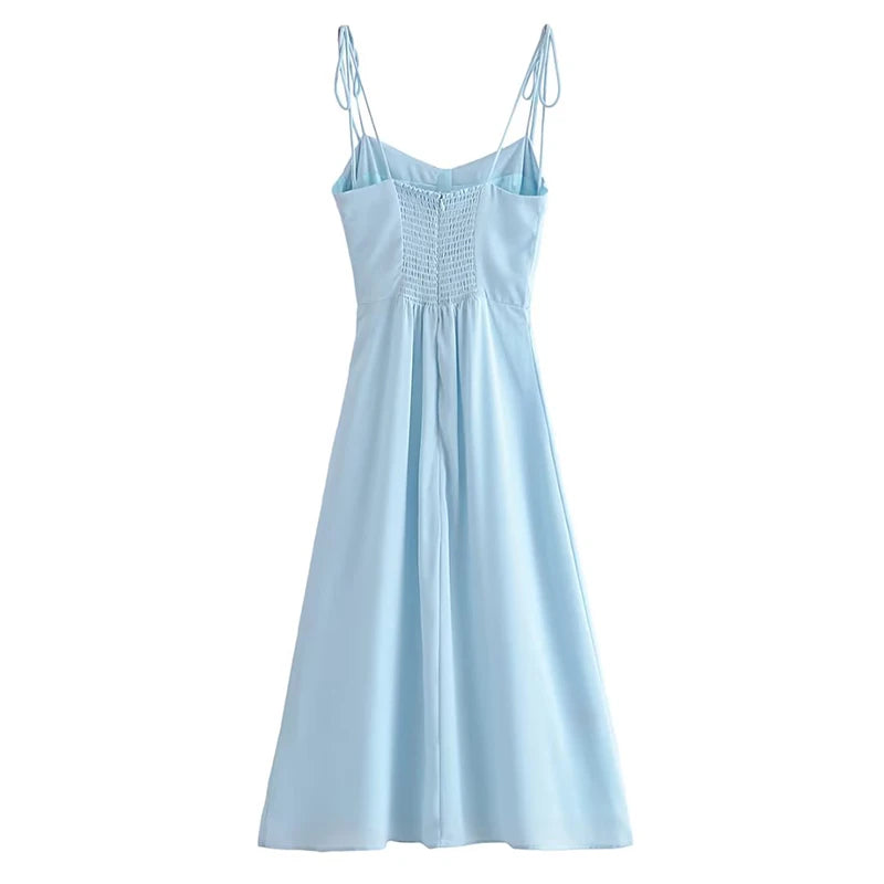 Voguable  Women French Style Light Blue Front Slit Sling Dresses Sexy Sleeveless High Waist Female Holiday Summer Chiffon Dress voguable