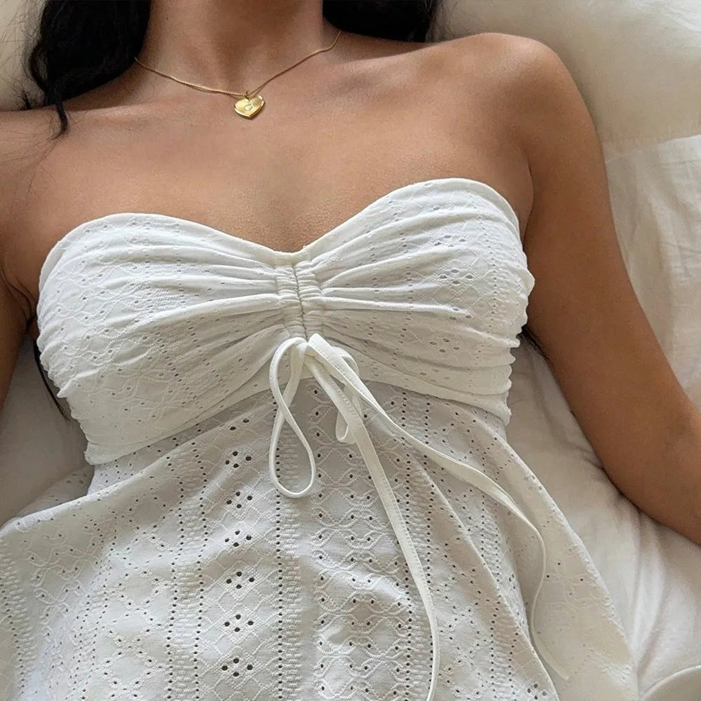 Voguable  Solid Color Sexy White Strapless Tank Top for Women Summer Y2K Off Shoulder Sleeveless Tanks Woman Bow Slim Fit Backless Blouse voguable