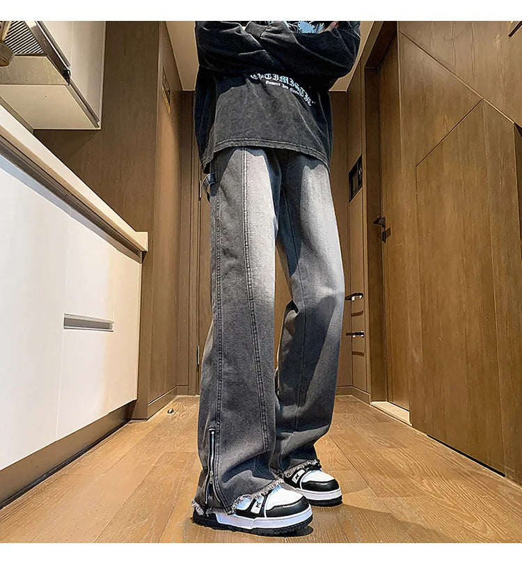 Autumn jeans men New Fashion Side Zipper Casual Jean Pants Men High Street Loose Straight Pant Mens Vintage All-match Trousers voguable