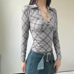 Voguable High Street Plaid T-shirt Grey Vintage Slim Long Sleeve Turn-down V-neck Tops Autumn Chic Elegant Pullovers Ladies Tops voguable