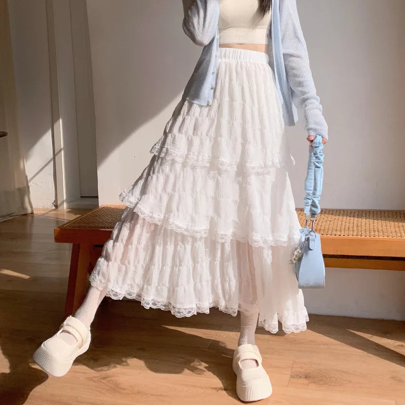Voguable  Sweet Lace Ruffles Long Skirt Women Summer Cute Puff Cake A Line Skirt Woman Korean Style High Waist White Chiffon Tulle Skirt voguable