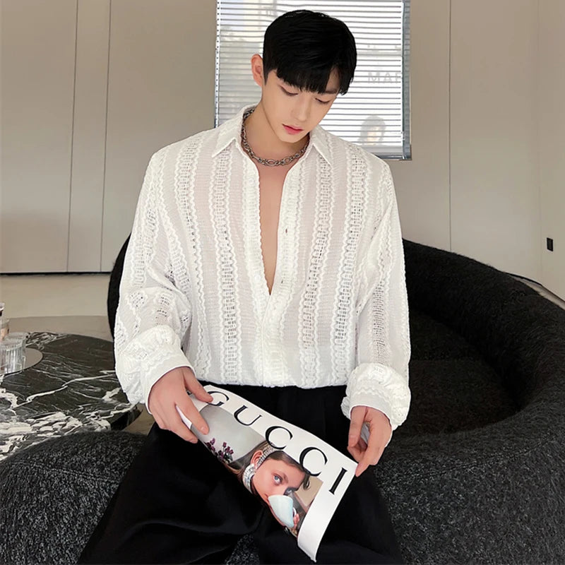 Voguable 2024 Korean Splicing Translucent Design Long Sleeve Shirt Men's Niche Stylish Elegant Temperament Street Male Tops voguable