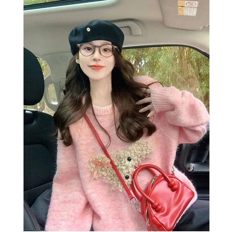 Cute Cartoon Pink Sweater Women Sweet Long Sleeve Knitted Kawaii Jumper Vintage Japan O Neck Lady Casual Lazy Wind Tops New voguable