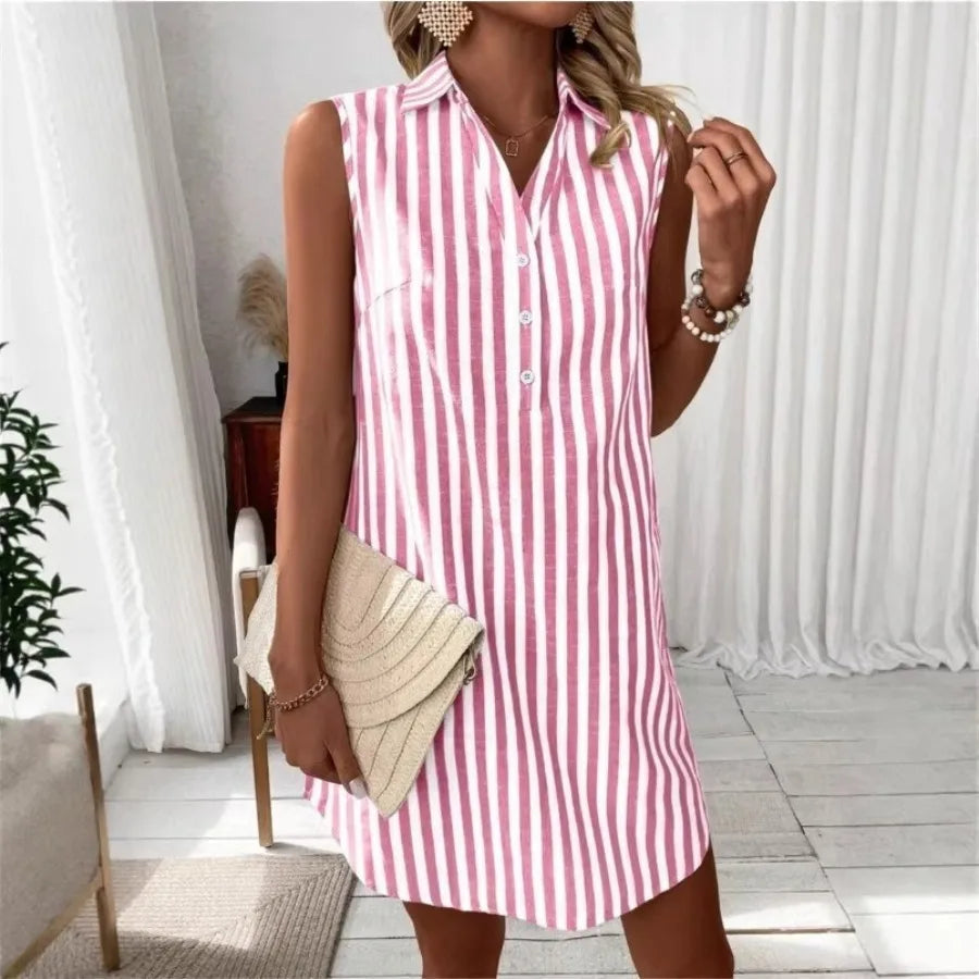 Voguable  new European and American - hot sale sleeveless V-neck stripe fashionable loose button shirt dress voguable