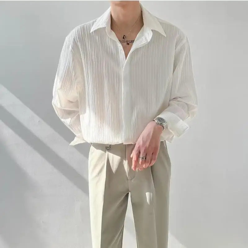 Voguable Black Apricot White Long-sleeved Shirt Men Fashion Social Men Dress Shirt Korean Loose Casual Pleated Shirts Men Formal Shirt voguable