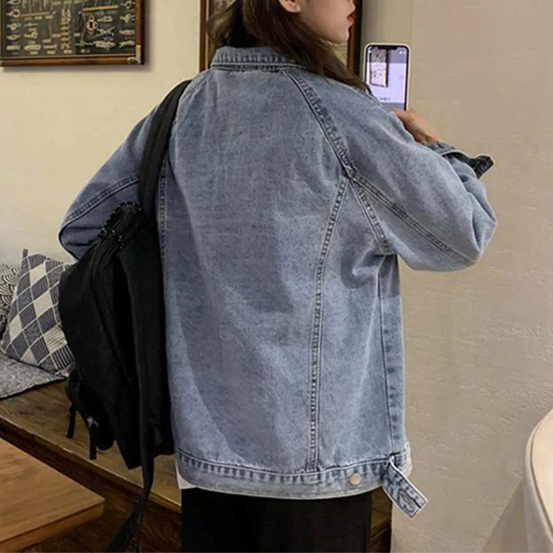 Vintag Distressed Autumn New Denim Jackets Women Lapel Solid Pockets Button High Street Long Sleeve Loose Short Cowboy Coats Top voguable