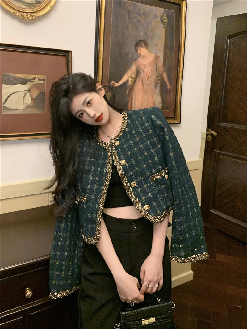 Vintage Cropped Tweed Jacket Women Elegant Blazer Korean Single Breasted Short Coats Autumn Winter Chic Suit Outerwear New voguable