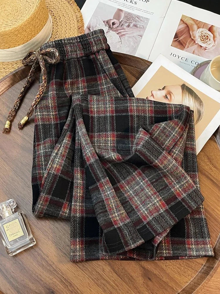 Retro Streetwear Plaid Pants Women Lace Up Loose Hip Hop Straight Trousers High Waist Casual Vintage Harajuku Bf Wide Leg Pant voguable