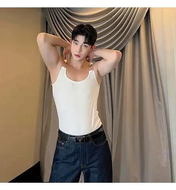 2025 New Fashion Male Vest Patchwork Personality Sleeveless Top Men's Solid Color Slim T-shirt Spring Trendy 9A8204 voguable