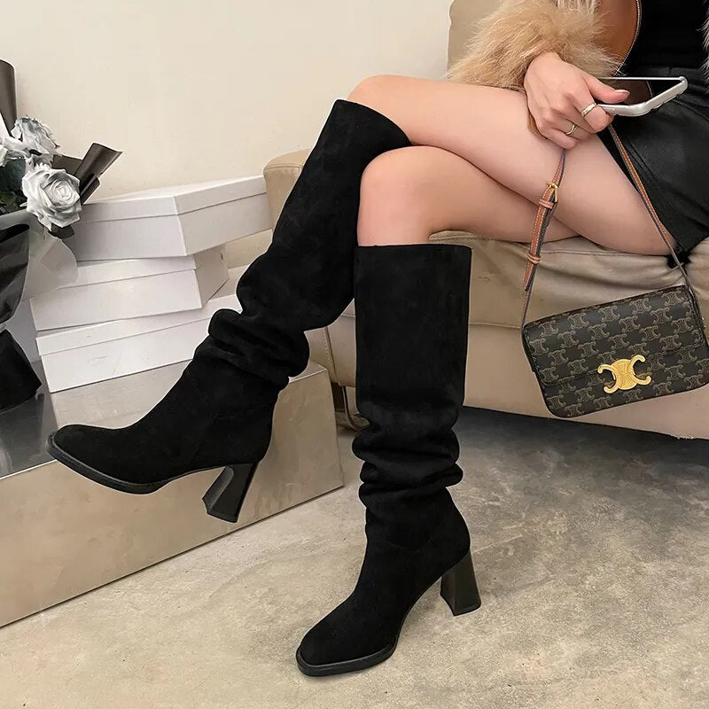 Suede Daily Botas Round Toe Autumn Winter Woman Boots Cowgirls Western Boots Woman Slip on Simple Pleated Knee-High Shoes voguable