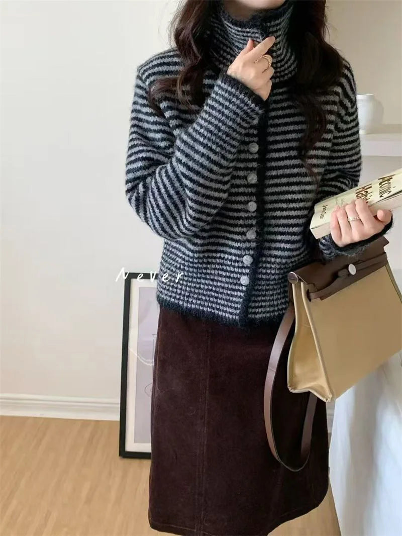 Harajuku Y2K Striped Cardigan Women Vintage Loose Casual Knitted Sweater Fall Winter Japan Retro Long Sleeve Female Soft Tops voguable