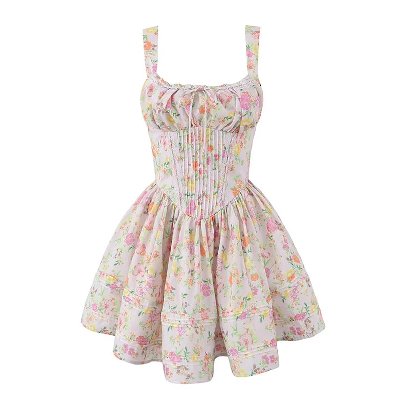 Sexy Elegant Women Lace Trim  Floral Print Mini Dress Low Waist Square Neck Female Summer Party Dress Holiday Robe