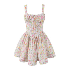 Sexy Elegant Women Lace Trim  Floral Print Mini Dress Low Waist Square Neck Female Summer Party Dress Holiday Robe