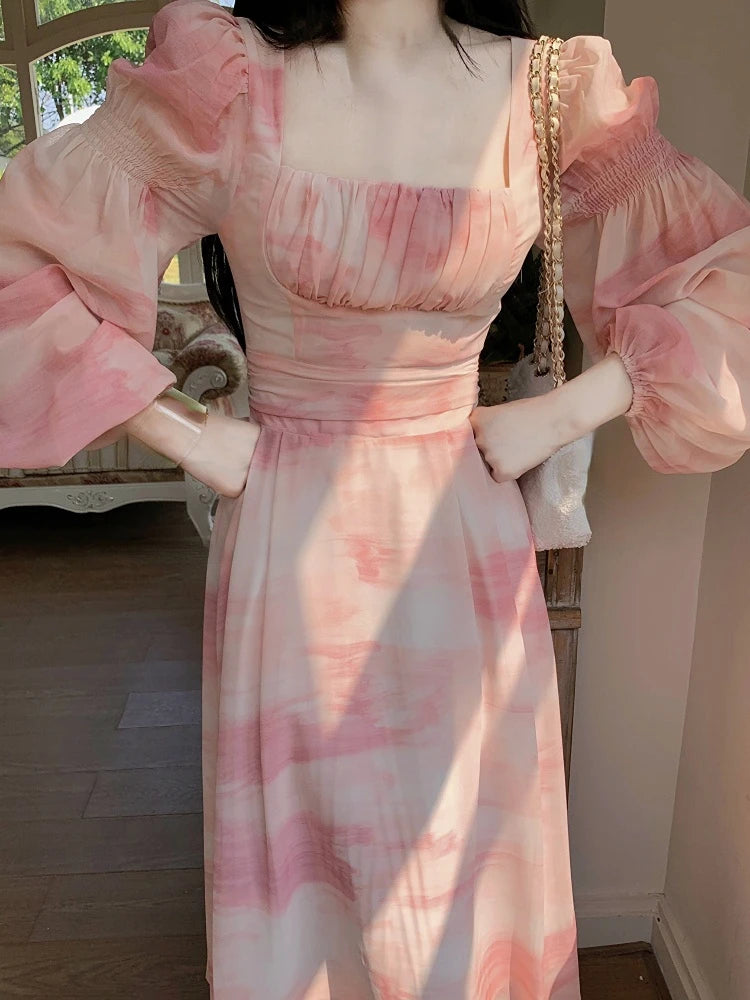 Voguable Chiffon Long Sleeve Floral Midi Dress Chic French Slim Elegant Women Dress Casual Fashion Beach Style Office Lady Dresses voguable