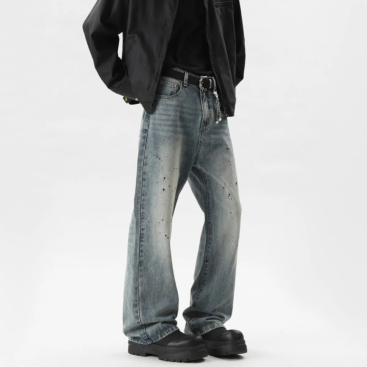 Summer Men's Denim Pants Old Blue Washed Male Jeans Straight fleck Casual Menwear Loose Wide Leg Trousers New Fashion