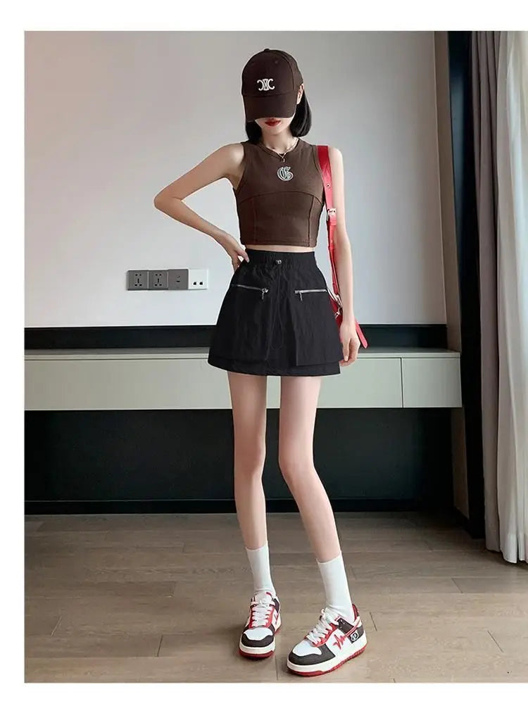 High Waist Drawstring Summer Women Short A Line Skirt Vintage Casual Cargo Big Zipper Pocket Skirt with Safety Shorts Hip Skirts voguable