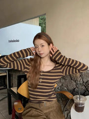 Slim Y2K Striped T Shirt Women Streetwear American Long Sleeve Retro Tees Fall Sexy U Neck Female Harajuku Vintage Tops New voguable