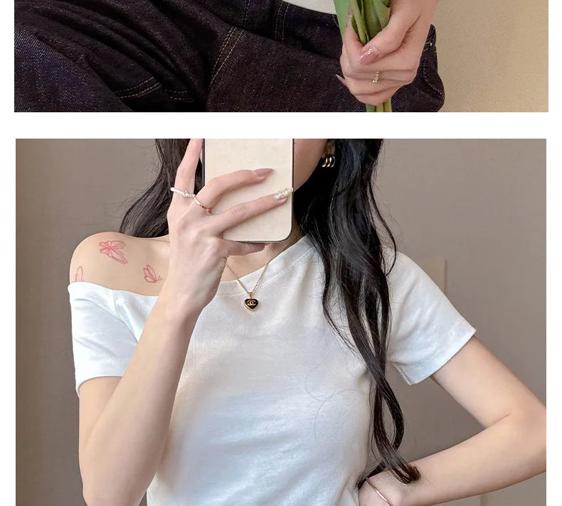 Solid Off Shoulder Short Sleeve T Shirt Simple Basic Sexy Single Sleeved Jumper Top Streetwear Slim Fit Female Y2K Clothes Tees voguable