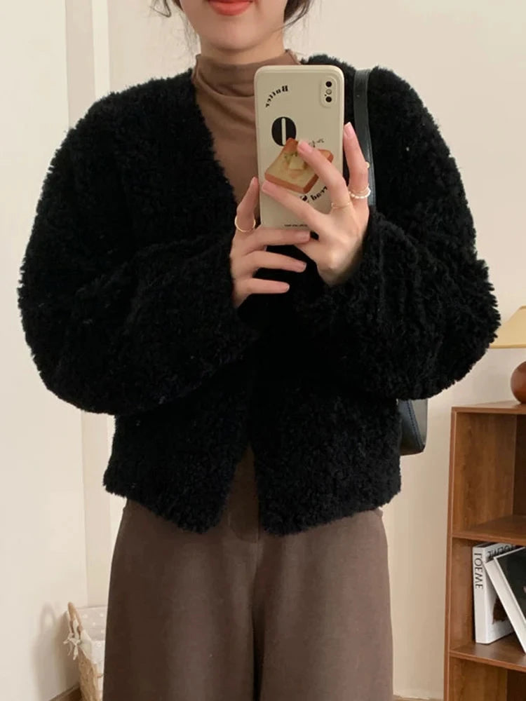 Winter Vintage Women Faux Lamb Coat Warm Soft Long Sleeve V Neck Sweet Jacket Retro Simple Solid Korean Female Preppy Style Tops voguable